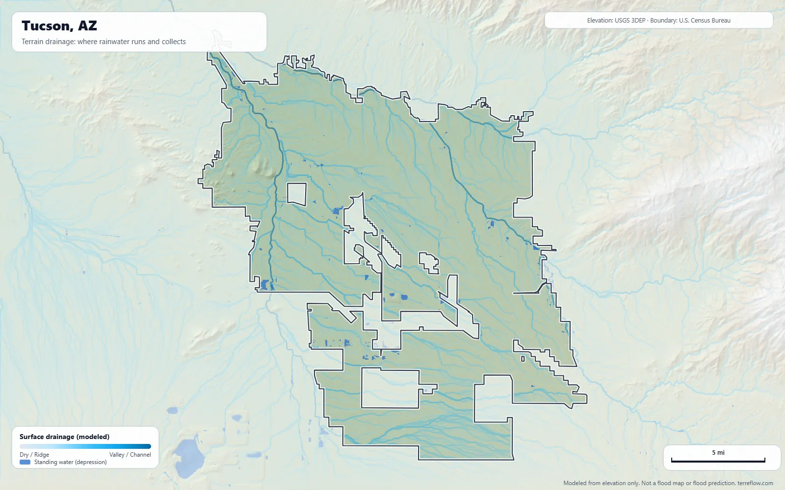 Terrain drainage map of Tucson, AZ: modeled paths where rainwater runs and collects, from USGS 3DEP elevation data, with the city boundary