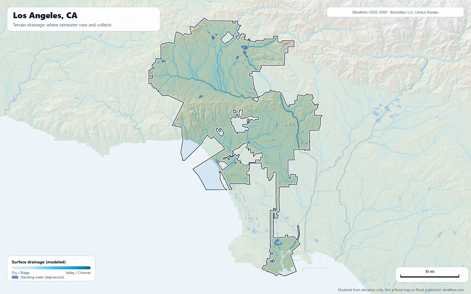 Terrain drainage map of Los Angeles, CA: modeled paths where rainwater runs and collects, from USGS 3DEP elevation data, with the city boundary