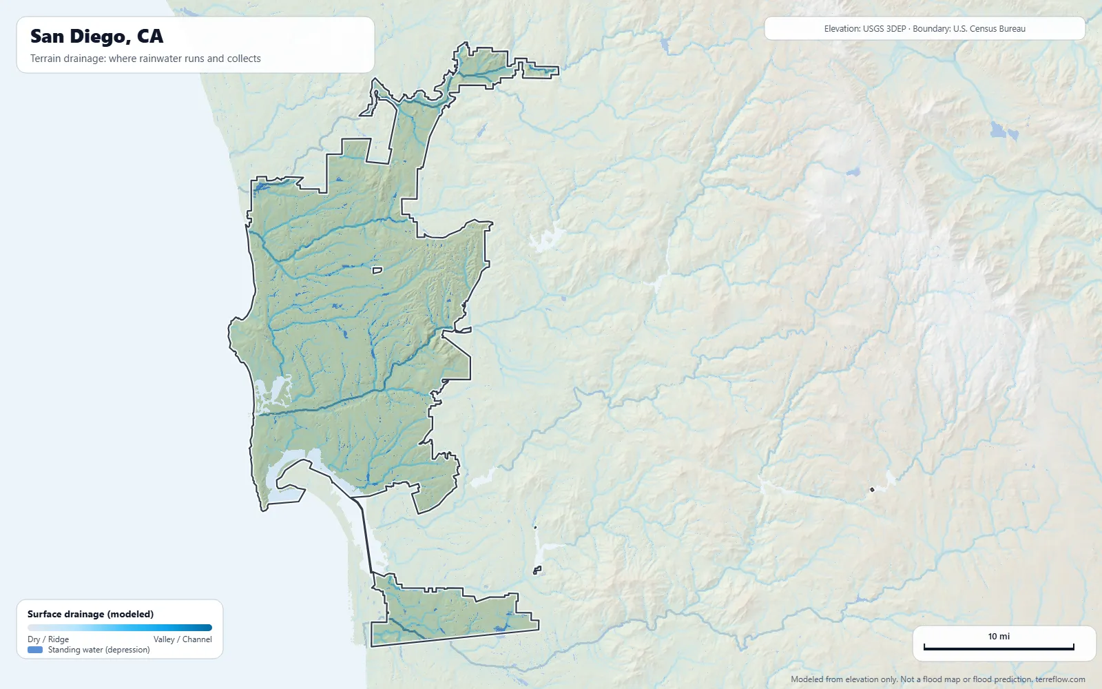 Terrain drainage map of San Diego, CA: modeled paths where rainwater runs and collects, from USGS 3DEP elevation data, with the city boundary