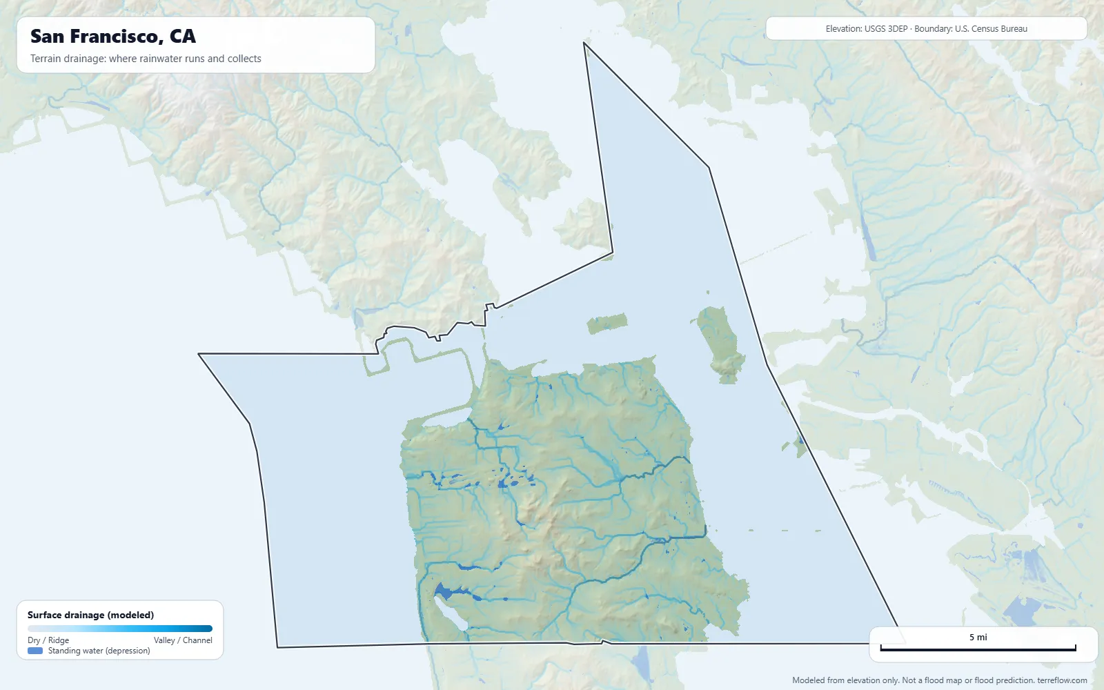 Terrain drainage map of San Francisco, CA: modeled paths where rainwater runs and collects, from USGS 3DEP elevation data, with the city boundary