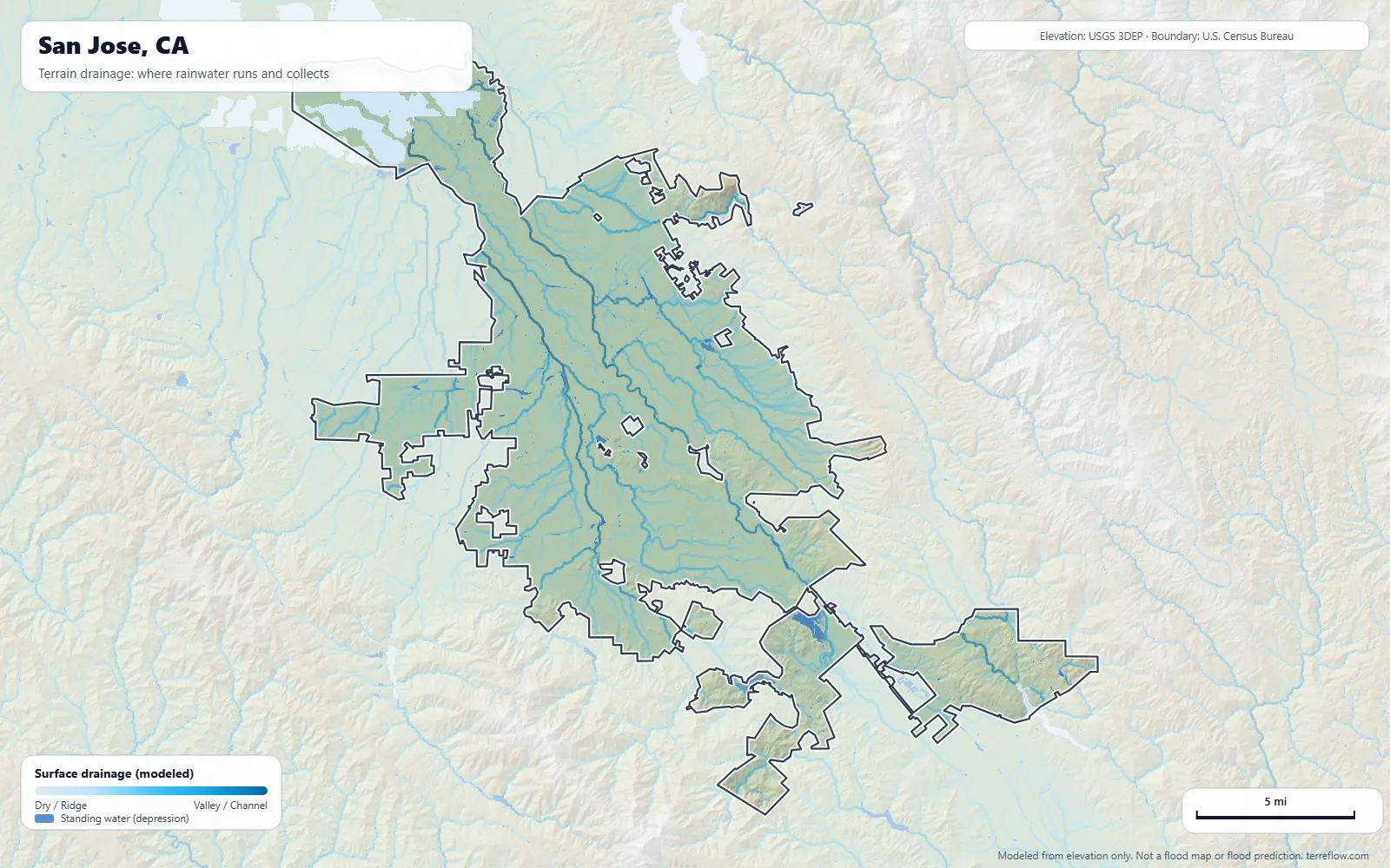 Terrain drainage map of San Jose, CA: modeled paths where rainwater runs and collects, from USGS 3DEP elevation data, with the city boundary
