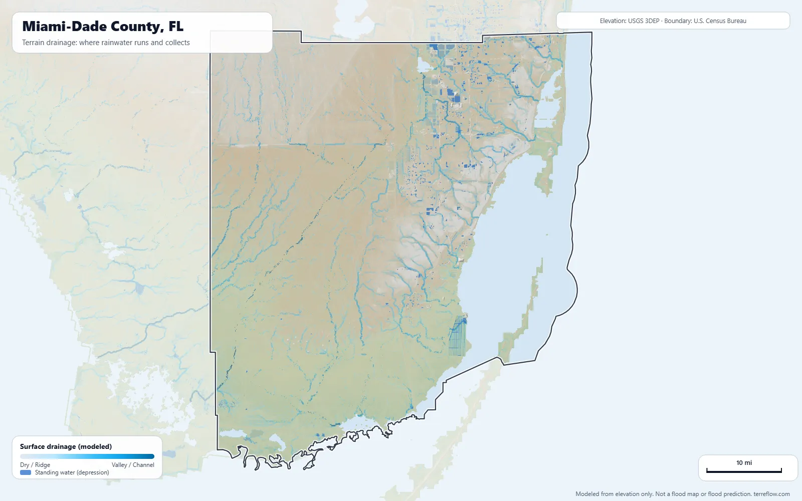 Terrain drainage map of Miami-Dade County, FL: modeled paths where rainwater runs and collects, from USGS 3DEP elevation data, with the county boundary