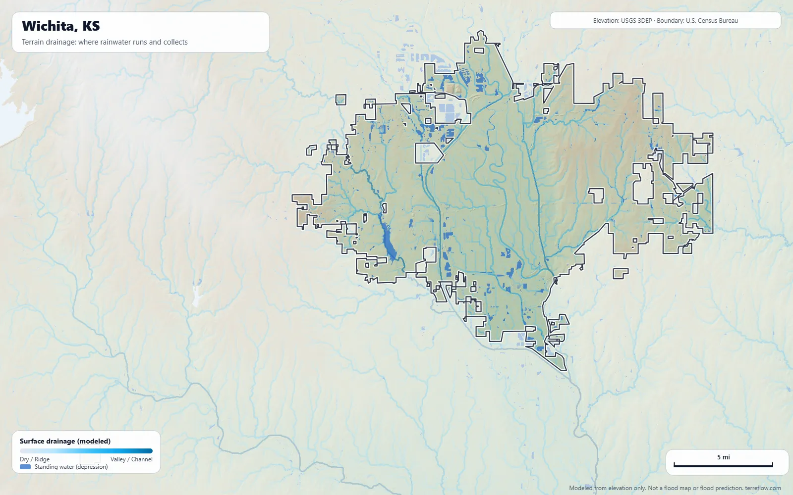 Terrain drainage map of Wichita, KS: modeled paths where rainwater runs and collects, from USGS 3DEP elevation data, with the city boundary