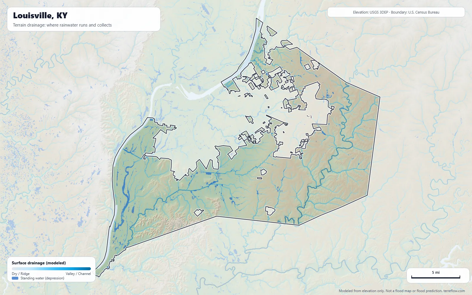 Terrain drainage map of Louisville, KY: modeled paths where rainwater runs and collects, from USGS 3DEP elevation data, with the city boundary