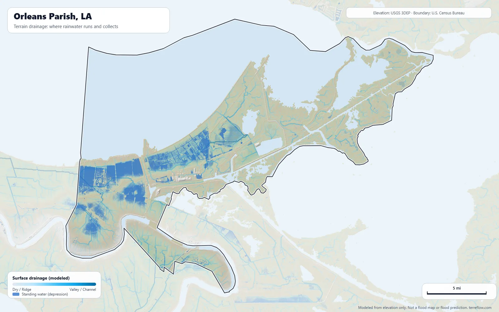 Terrain drainage map of Orleans Parish, LA: modeled paths where rainwater runs and collects, from USGS 3DEP elevation data, with the parish boundary