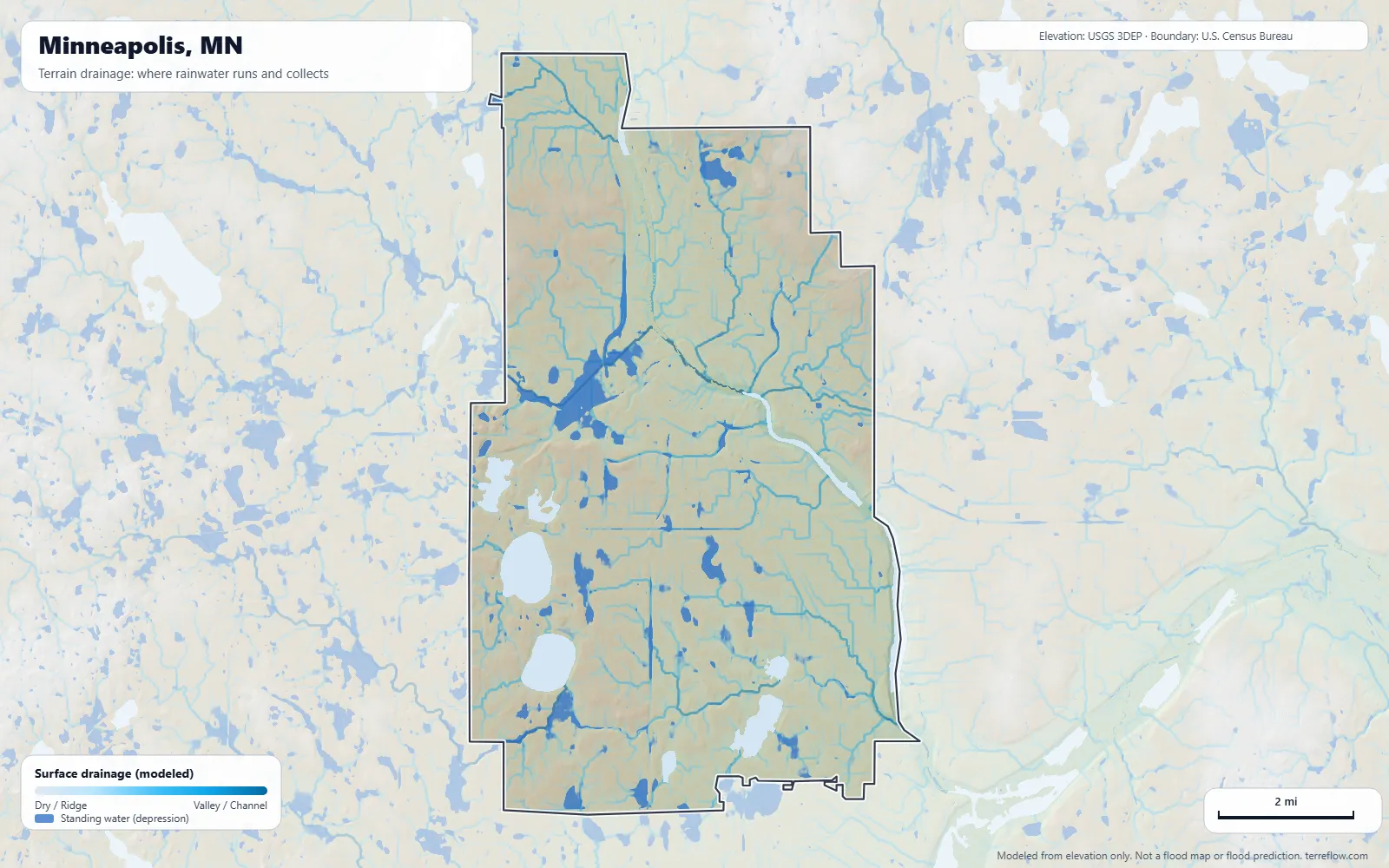 Terrain drainage map of Minneapolis, MN: modeled paths where rainwater runs and collects, from USGS 3DEP elevation data, with the city boundary