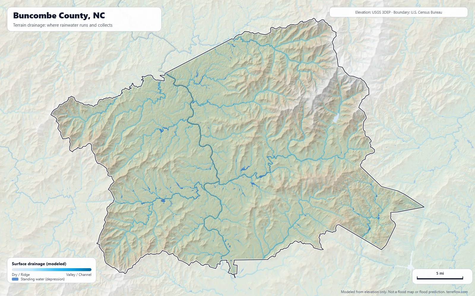 Terrain drainage map of Buncombe County, NC: modeled paths where rainwater runs and collects, from USGS 3DEP elevation data, with the county boundary