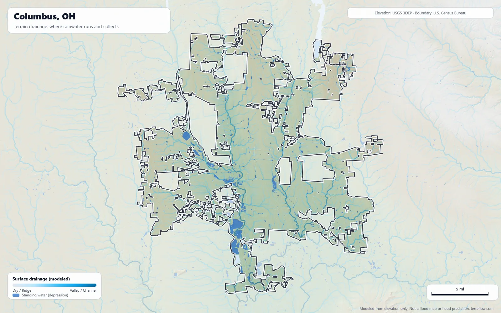 Terrain drainage map of Columbus, OH: modeled paths where rainwater runs and collects, from USGS 3DEP elevation data, with the city boundary