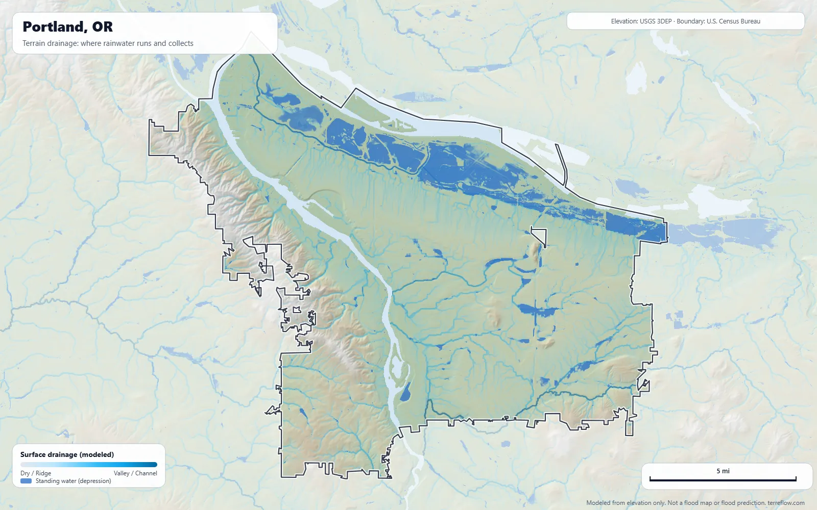 Terrain drainage map of Portland, OR: modeled paths where rainwater runs and collects, from USGS 3DEP elevation data, with the city boundary
