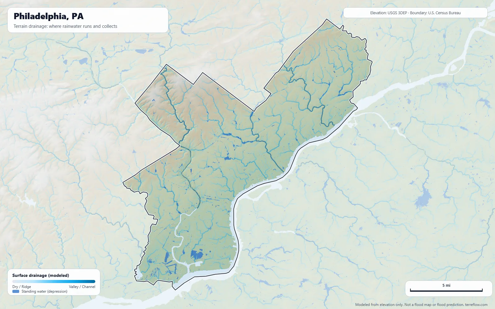 Terrain drainage map of Philadelphia, PA: modeled paths where rainwater runs and collects, from USGS 3DEP elevation data, with the city boundary