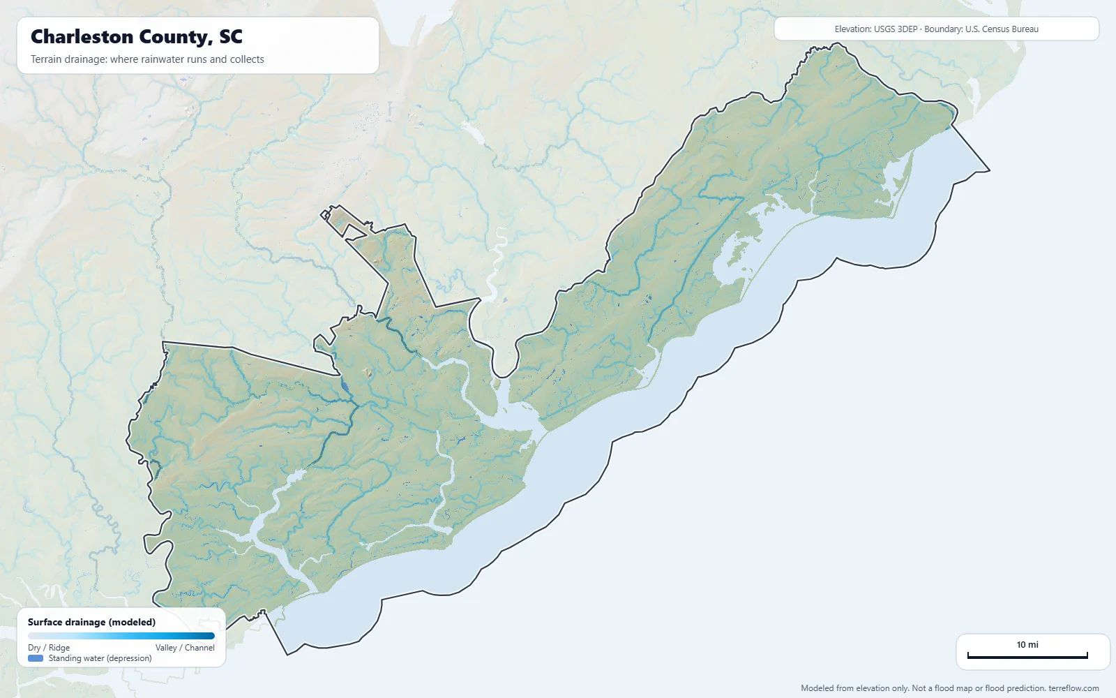 Terrain drainage map of Charleston County, SC: modeled paths where rainwater runs and collects, from USGS 3DEP elevation data, with the county boundary