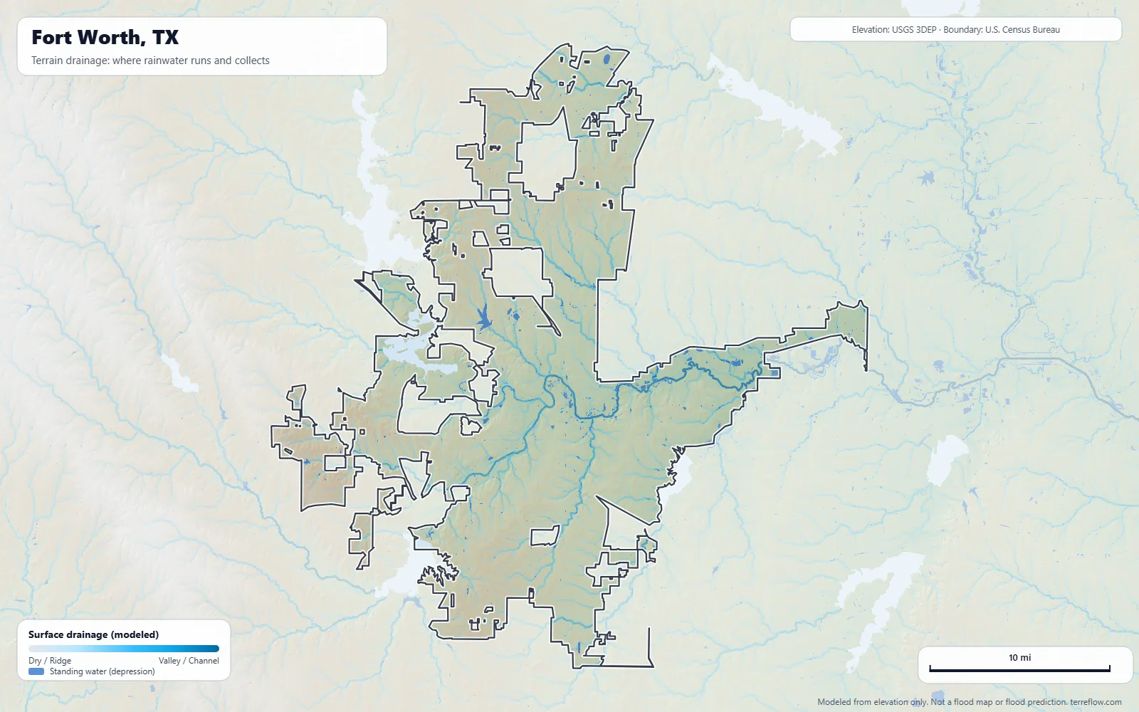 Terrain drainage map of Fort Worth, TX: modeled paths where rainwater runs and collects, from USGS 3DEP elevation data, with the city boundary