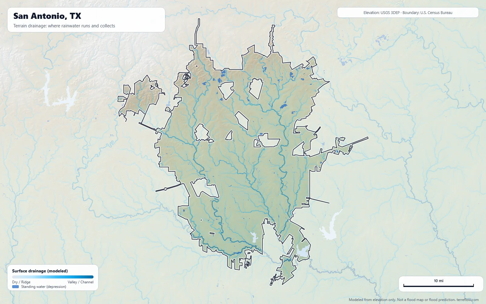 Terrain drainage map of San Antonio, TX: modeled paths where rainwater runs and collects, from USGS 3DEP elevation data, with the city boundary